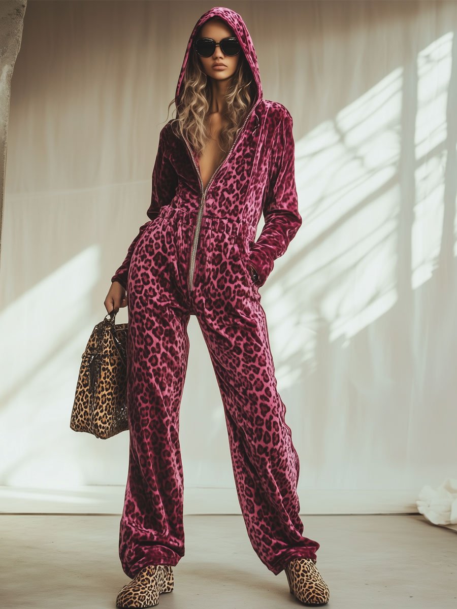Lässiger, lockerer Retro-Jumpsuit aus rosa Samt mit Leopardenmuster, elastischem Bund, Reißverschluss und Kapuze