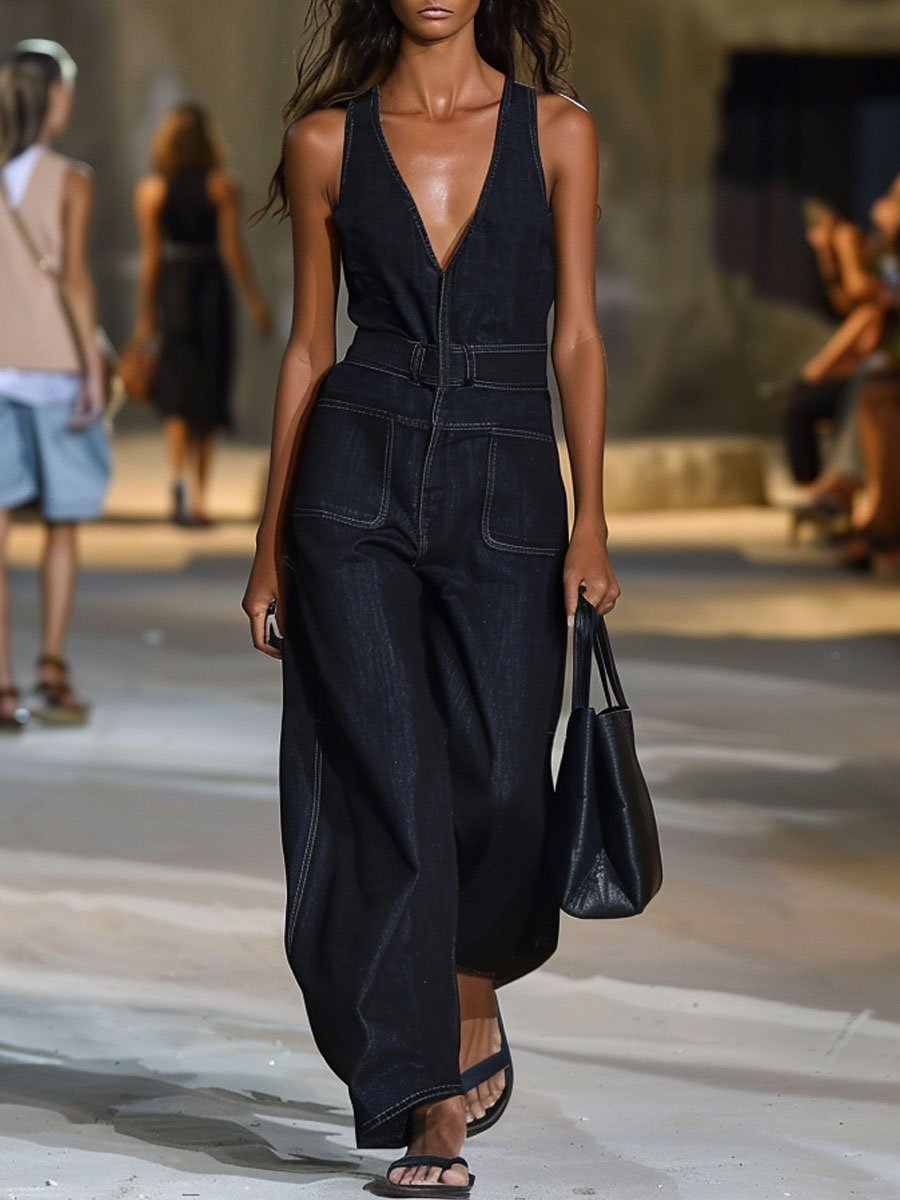 【Versand innerhalb von 24 Stunden】Lässiger Retro-Jeans-Overall mit V-Ausschnitt, ärmellos und weitem Bein