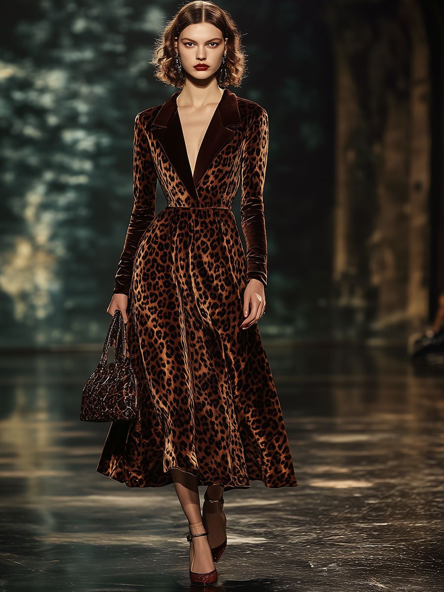 【Versand innerhalb von 24 Stunden】Modisches Samt-Partykleid mit Revers, Leopardenmuster und langen Ärmeln