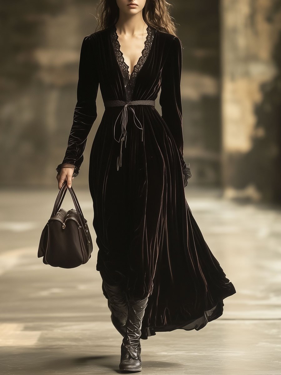 Samt-Maxikleid mit V-Ausschnitt, Spitzeneinsatz und langen Ärmeln
