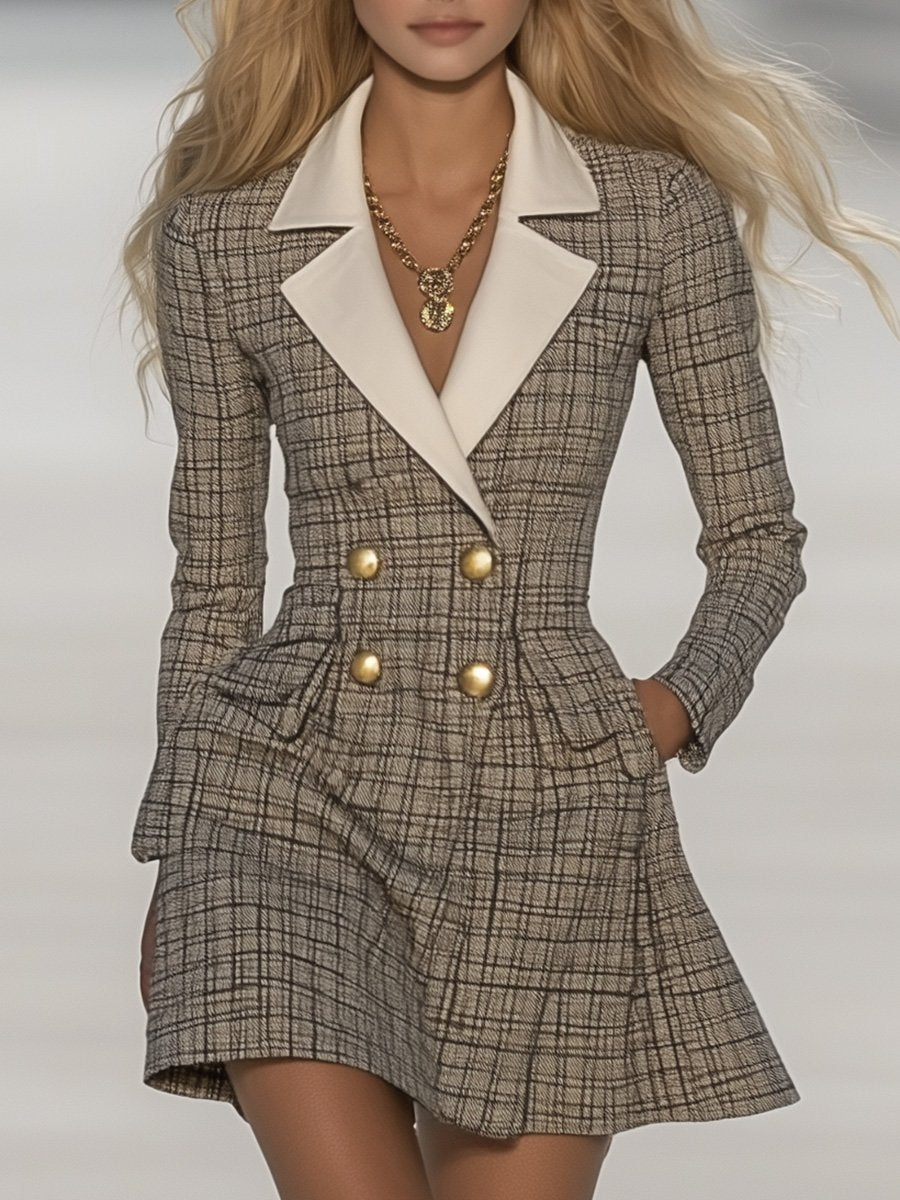 【Versand innerhalb von 24 Stunden】Klassisch-modisches kariertes Minikleid mit Kontrastrevers