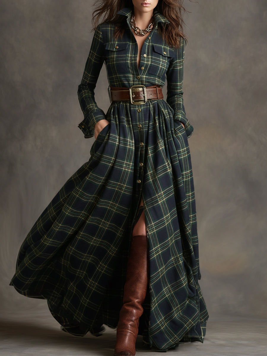 Retro-Maxikleid im Ethno-Stil mit Revers und rotbraunem Karomuster