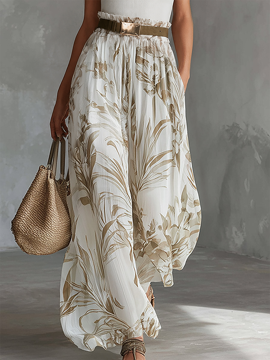 Elegante weiße bedruckte Chiffon-Hose mit weitem Bein