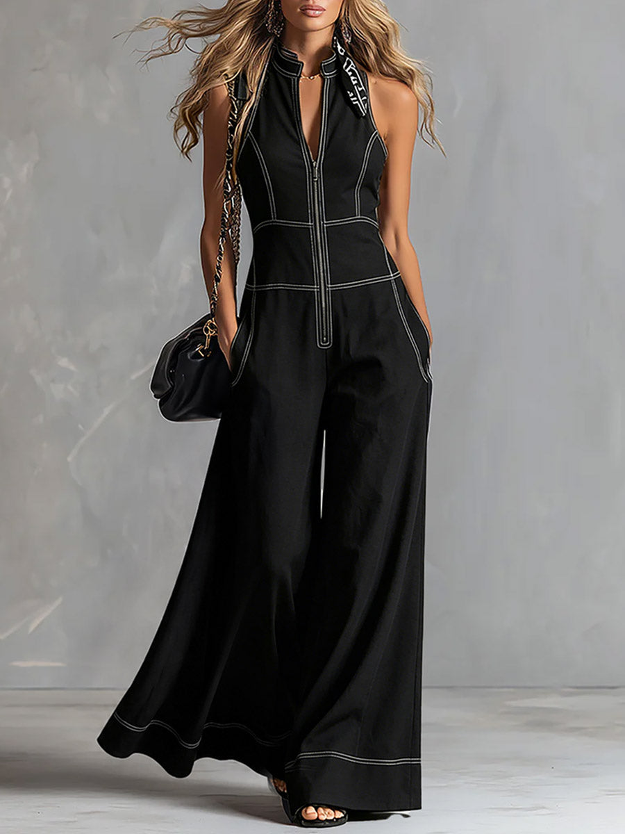 Stilvoller und eleganter ärmelloser Wide-Leg-Overall aus schwarzem Tencel-Denim mit Frontreißverschluss