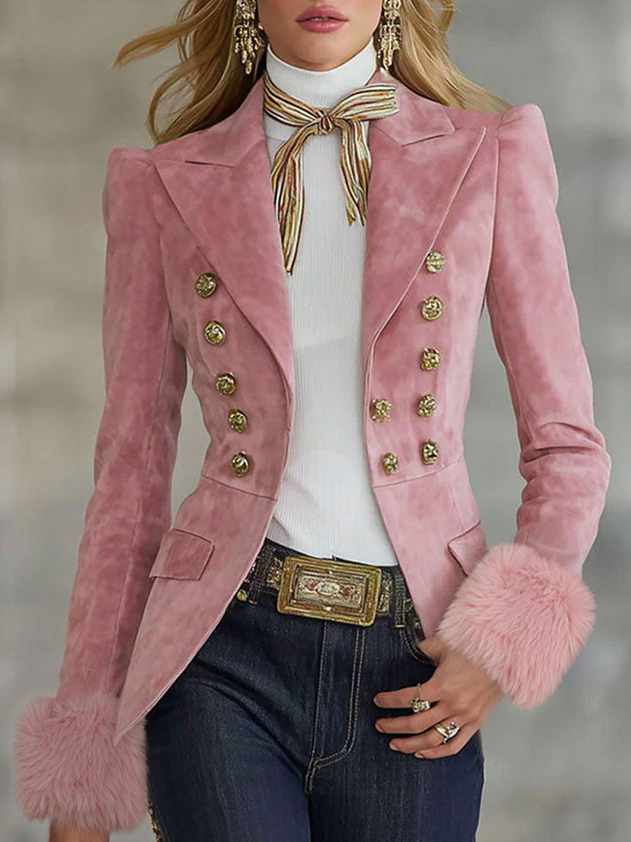 Blazer aus Kunstwildleder mit Revers, mehreren Knöpfen und Kunstfell