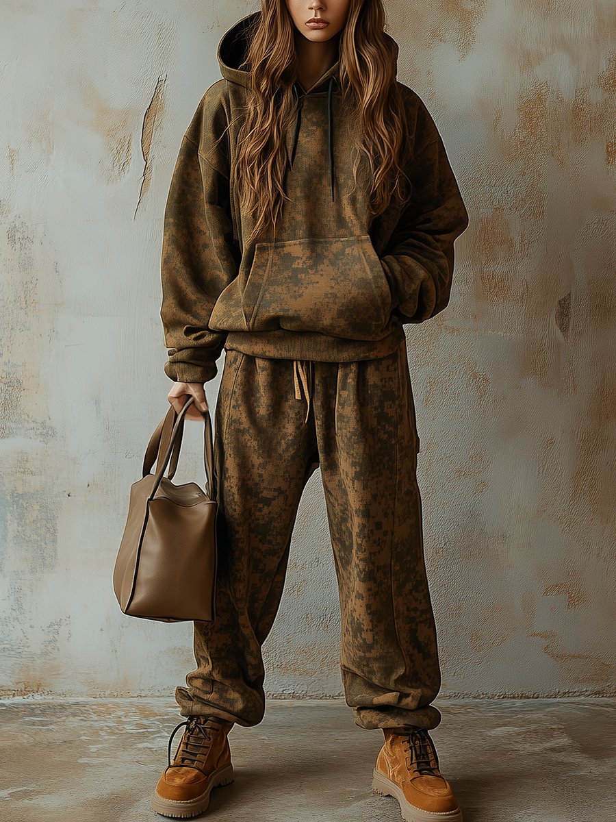 【Versand innerhalb von 24 Stunden】Modisches Retro-Zweiteiler-Set aus Camouflage-Kapuzensweatshirt und Leggings