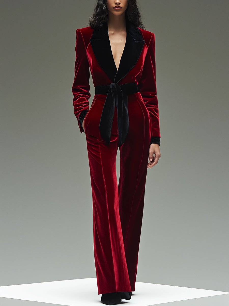 【Versand innerhalb von 24 Stunden】Retro-modischer Samt-Jumpsuit mit Revers, Gürtel und farblich abgesetzten Nähten