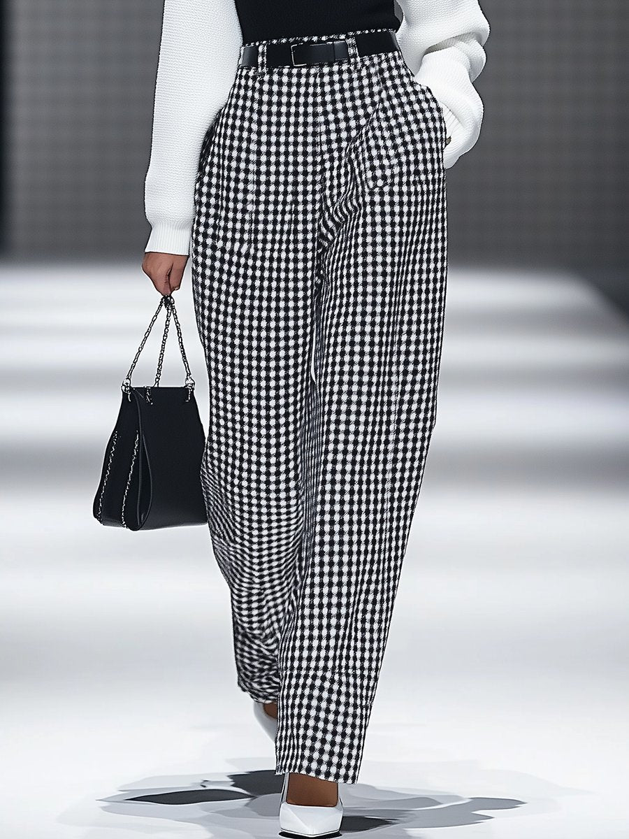 【Versand innerhalb von 24 Stunden】Modische Retro Hahnentritt-Hose mit geradem Schnitt und Taschen