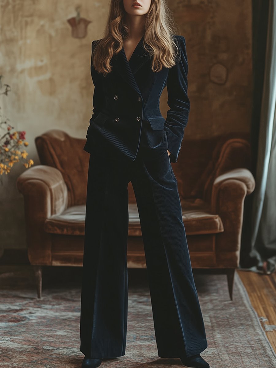 【Versand innerhalb von 24 Stunden】Retro-modisches zweiteiliges Set aus marineblauem zweireihigem Cord-Blazer mit Revers und Wide-Leg-Hose