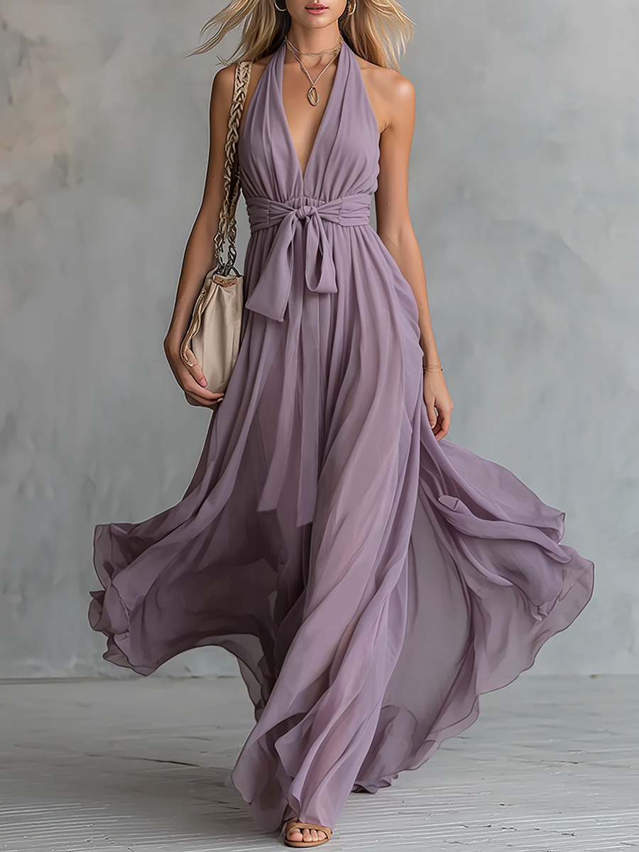 Elegantes und stilvolles Chiffon-Maxikleid mit Neckholder, V-Ausschnitt und ärmellos