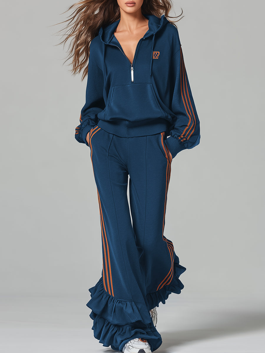 Casual-Sport-Set aus dunkelblauem Kapuzensweatshirt mit Rüschenbesatz und Hose
