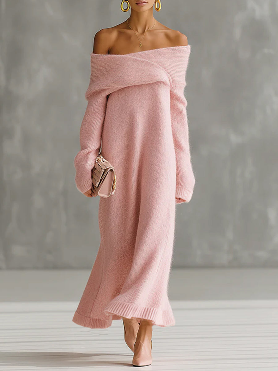Rosa One-Shoulder-Maxikleid aus Mohair in lockerer Passform